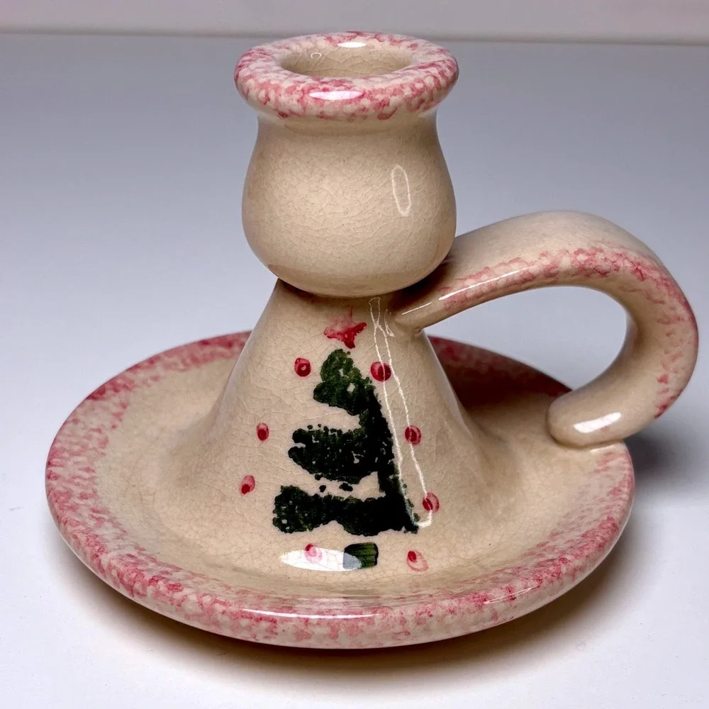 Vintage Christmas Tree Ceramic Chamberstick Candle Holder Sponge Trim Spongeware